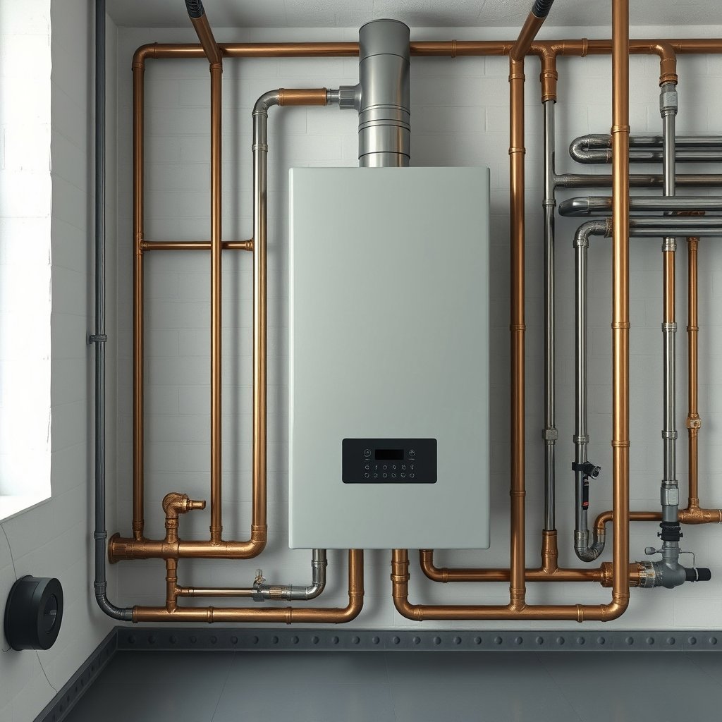 Wall-hung hydronic boiler and piping in a clean mechanical room