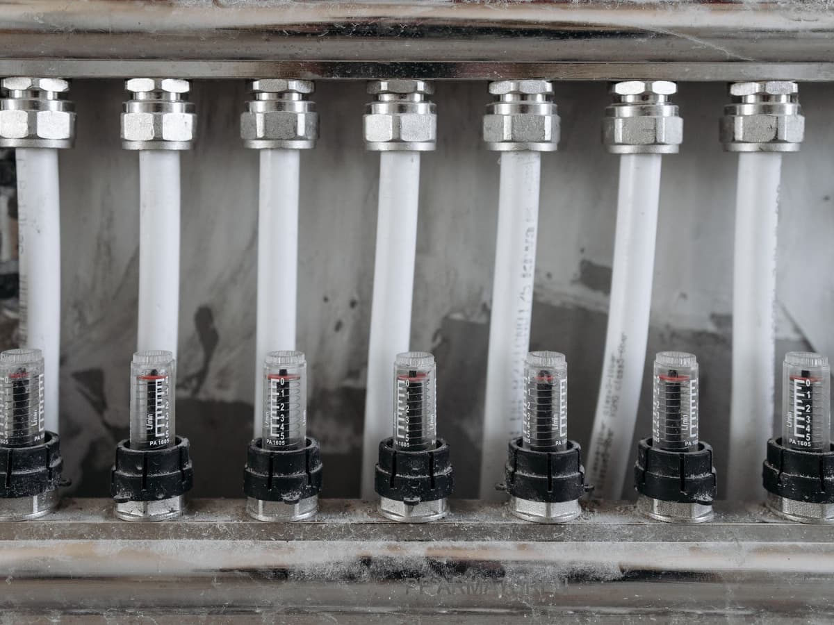 Technician balancing a radiant floor heating manifold