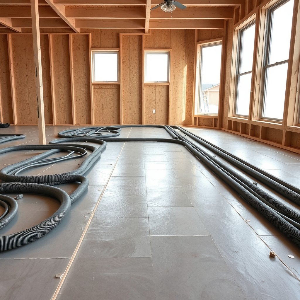 PEX radiant floor tubing laid before a pour — West Coast home