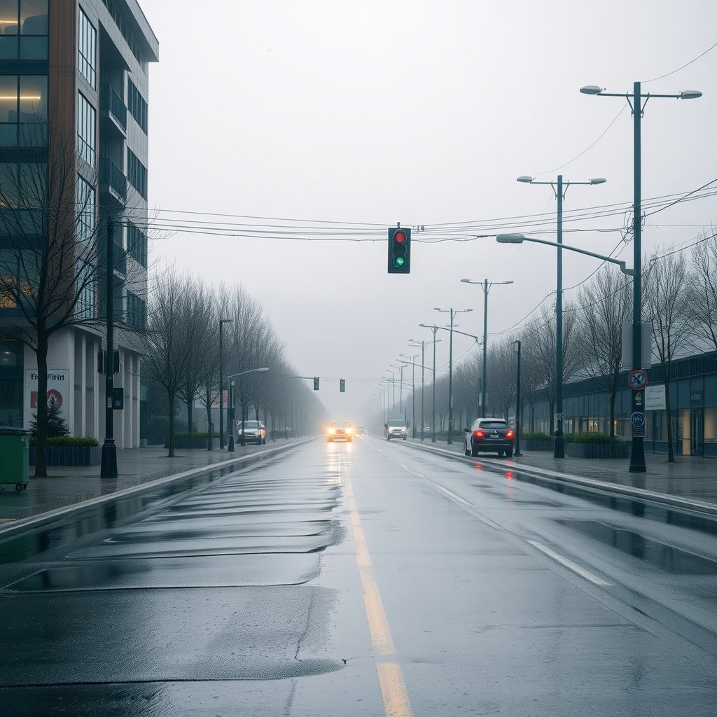Rain-washed Vancouver street with misty mountains beyond